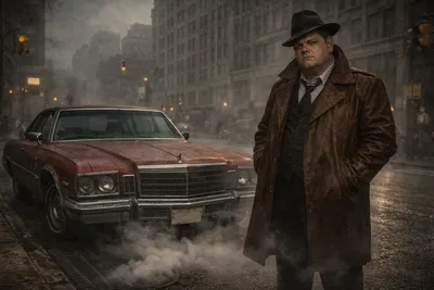 Dick Novack standing on a foggy Detroit street beside his car